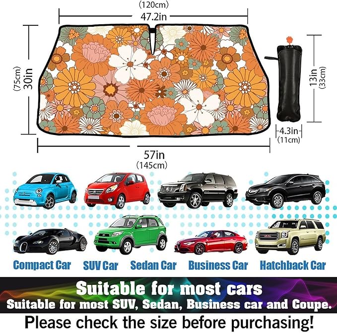 CHILL·TEK Funny Car Windshield Sun Shade Umbrella, 70s 80s Flowers Car Sun Shade Umbrella, Block UV Rays Heat Foldable Windshield Umbrella Sun Visor Protector - Keep Vehicle Cool for Cars SUV