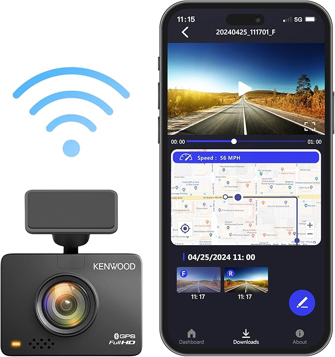 KENWOOD DRV-A310W GPS Dash Cam, Full HD Dashboard Camera, WDR/HDR Car Camera with Bluetooth & Wi-Fi Connectivity, G-Sensor, Collision Detection, Optional Rear Camera Support