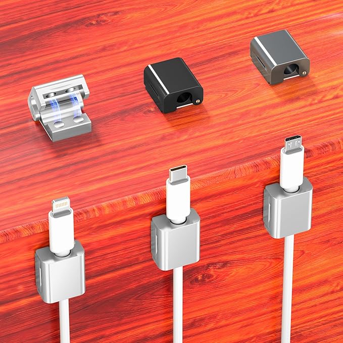 AGVEE 4 Pack Magnetic Cord Organizer Clips, 10mm Ultra-Thin Aluminum Cable Management Holder, 2 Pairs of Strong Magnets Keeper for Home Desk Office Gadgets Accessories, Residue-Free Tape, Silver