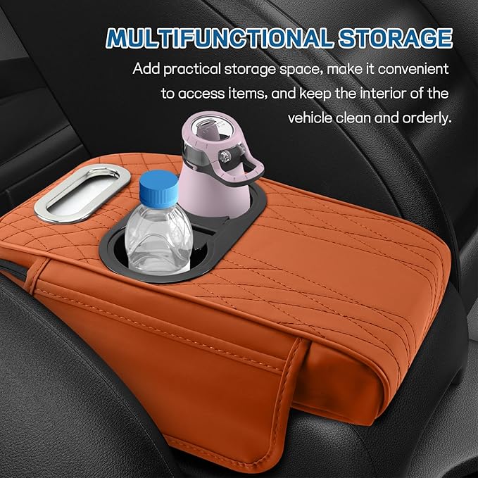 wuyaoyao Car Center Console Armrest Pillow, 13.78"×7.48"×2.56" Leather Arm Rest Cover for Cars, Memory Foam Auto Armrest Cushion Pad with Pocket, Cup Holder & Tissue Box, Car Accessories (Orange)
