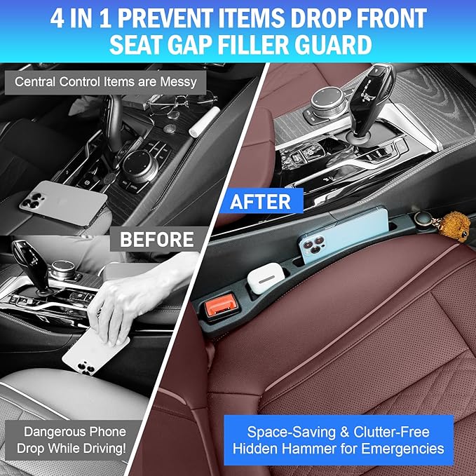 2PCS Car Seat Gap Filler Organizer 4In1 Between Seat & Console Inserts Gap Stopper Plug with Fill,Storage,Hook Function & Concealed Small Hammer,Upgraded Universal No Drop Seat Guard for Cars (Black)