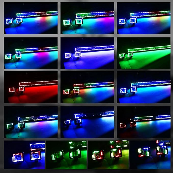 22" RGB LED Light Bar 2Pcs 4" Flood LED Pods with Multi-Color Chasing RGB Halo 16 Solid Colors Over 92 Flashing Modes Offroad Lights Driving Lamp Fog Lights with Switch Wiring Harness