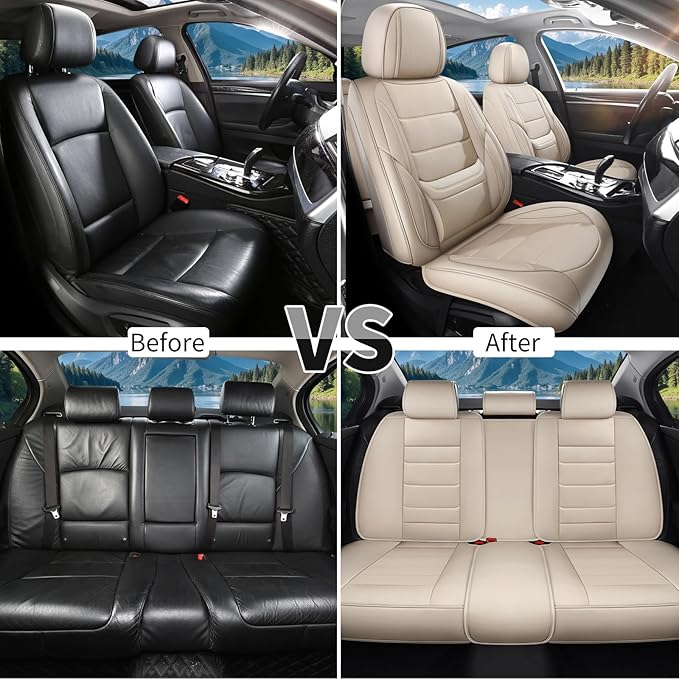 Car Seat Covers Full Set Custom Fit for Ford Edge 2007-2025 2026 - Luxury Faux Leather with Lumbar Support, Waterproof, Breathable, Anti-Slip, Easy to Install (Beige,Full Set)