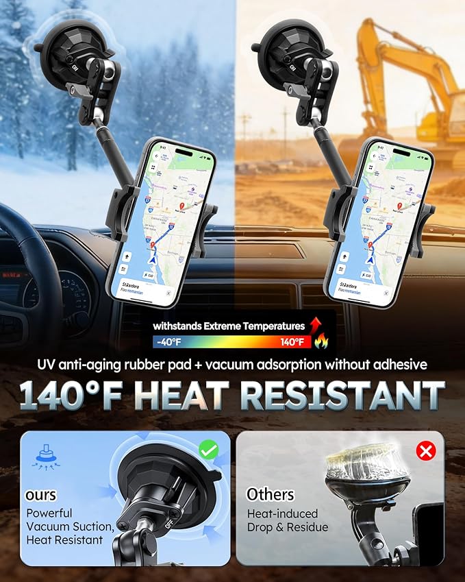Heavy Duty Truck Phone Mount, Aluminum 360° Rotating Anti-shake Suction Cup Phone Mount, 14.5" Long Arm Metal Windshield Phone Holder for Car Truck Semi, Fits Thick Cases F-150 Silverado RAM Kenworth
