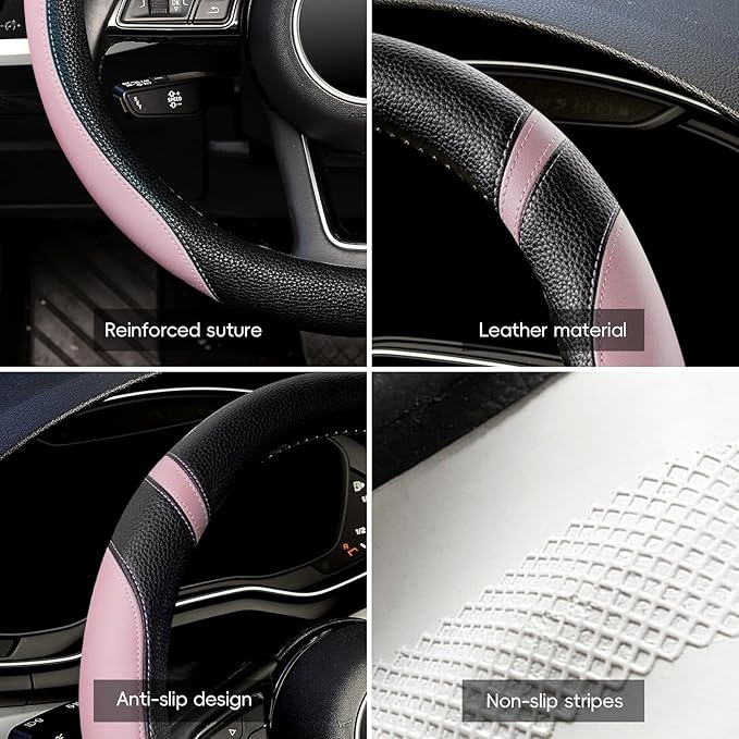 ZHOL Steering Wheel Cover for Women, Breathable Microfiber Leather Car Steering Wheel Protector, Non-Slip Universal Fit for Most Cars(Pink)