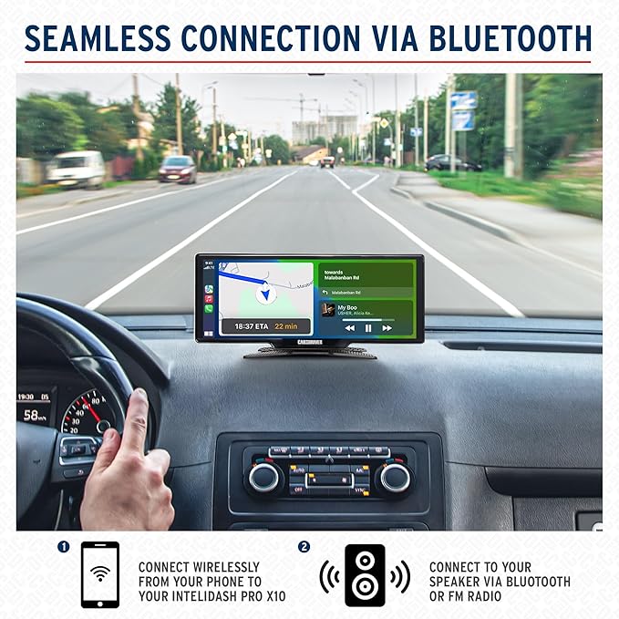Car and Driver IntelliDash Pro X10, 10" Wireless Apple CarPlay & Android Auto Display, Portable Touchscreen Car Stereo w/Bluetooth, GPS Navigation, FM/AUX, Backup Camera Compatible for Cars & Trucks