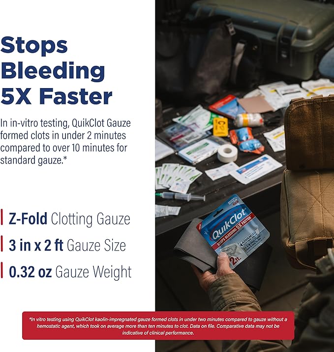 Adventure Medical Kits QuikClot Advanced Clotting Gauze - Stops Bleeding Up to 5X Faster Than Standard Gauze - Kaolin Hemostatic Dressing - for First Aid Kits & Survival Gear - 3 x 24