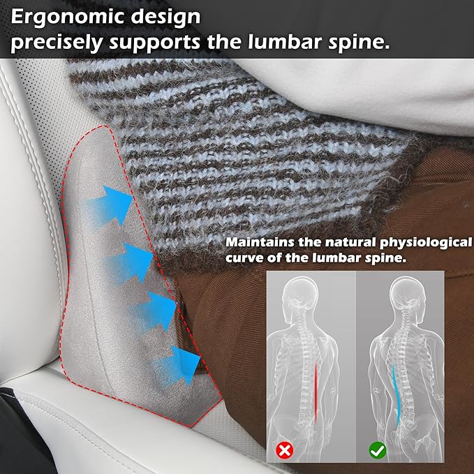 Lumbar Support Pillow for Car, Ergonomic Memory Foam Back Cushion for Driving, Seat Office Chair, Gaming Chair, Lower Back Support for Back Pain Relief, Gray, 2 Pack