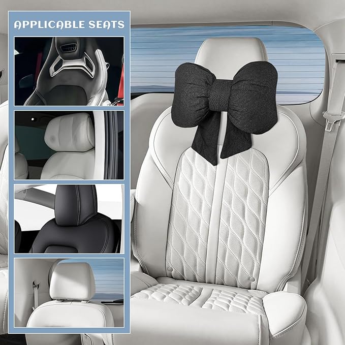 Sun Walker Bow Car Headrest Pillow, Breathable Bow-Shaped Vehicle Neck Pillow with Adjustable Strap, Ergonomic Neck Support Cushion Driving Seat Decoration for Women Girls (Black)