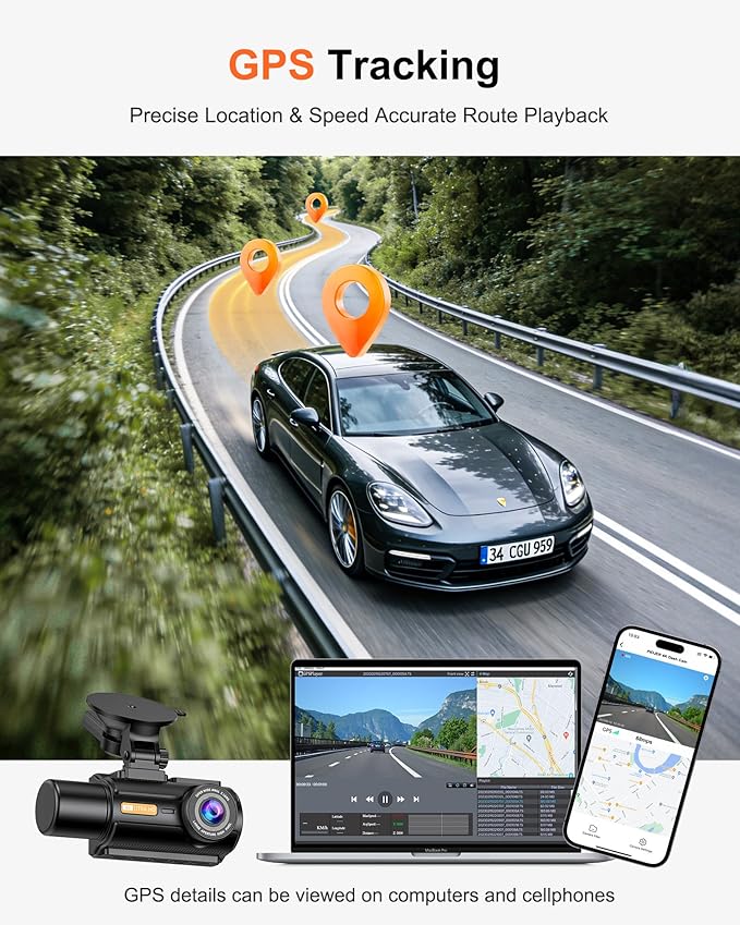 3 Channel 4K Dash Cam with STARVIS 2 Sensor, Free 128GB Card and WiFi 6 up to 20MB/s, Dash Camera for Cars with Front Rear Inside, 4K 2K 1080P, IR Night Vision, GPS, 24H Parking Mode, G-Sensor