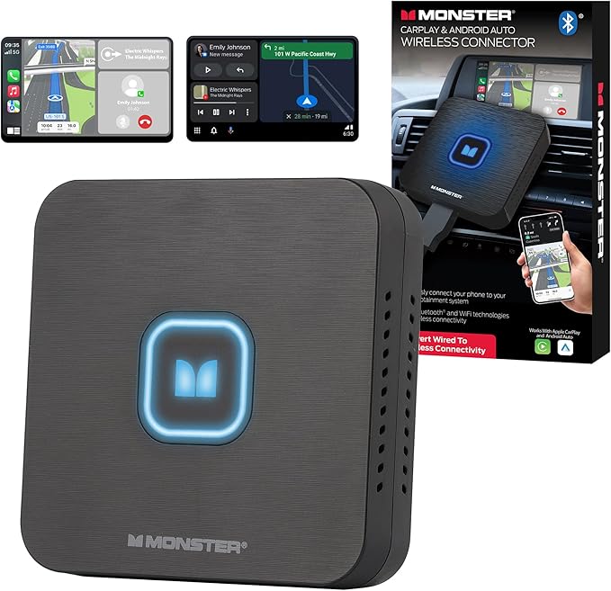 Monster Wireless CarPlay Adapter, Wireless Android Auto Adapter, Convert Wired to Wireless CarPlay & Android Auto, Compact Dongle for Factory Wired CarPlay Cars, USB-C & USB-A Cables Included