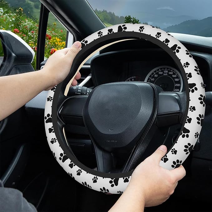Cat Dog Paw Print Car Steering Wheel Cover, Non-Slip Absorbing Sweat Car Wheel Cover Accessories for Men Women,Universal 15" Fit Auto SUV Vans Trucks