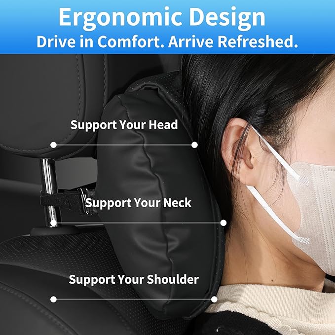 WEIHAO Car Neck Pillow with Adjustable Straps, Ergonomic Head Rest Pillow for Car Seat, Soft Leather Headrest Pillow Car Neck Support Pillow for Driving Office Gaming Chairs Neck Pillow (Black-2PCS)