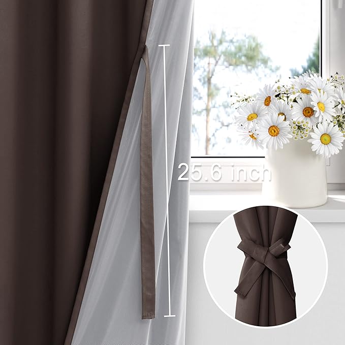 XWZO Complete Blackout Shades Window Curtain Panels with Tiebacks- Noise Reduction and Light Blocking Grommet Curtains with Black Liner for Studio, Living Room, Brown, W52 x L95, Set of 2 Panels