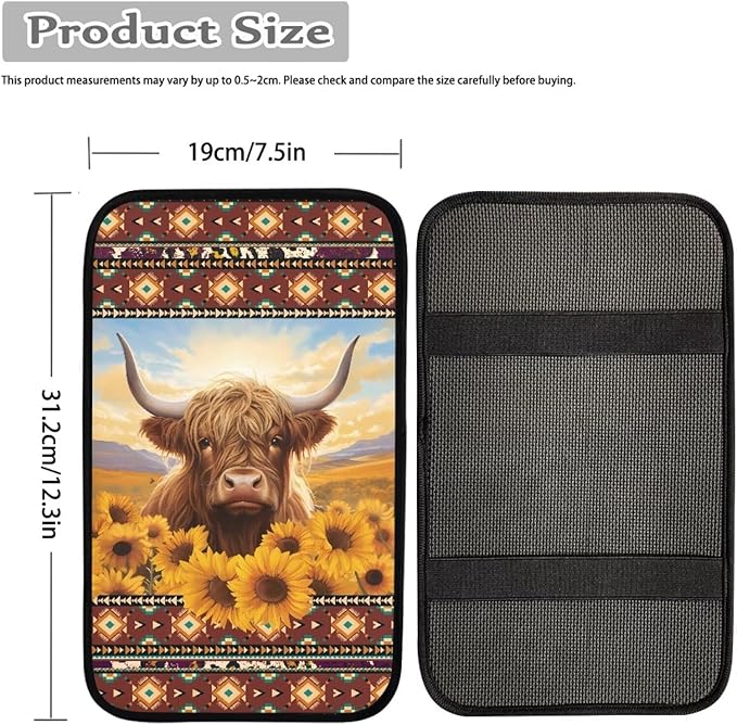 Dreaweet Car Center Console Cover Sunflower Aztec Highland Cow Car Accessories Arm Rest Cover for Truck SUV Van,Car Armrest Cover Center Console Cushion Pad Universal Fit