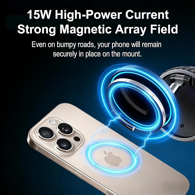 2026 Magsafe Car Mount Charger, 15W Fast Charging Vacuum Magnetic Phone Holder, Hands Free Phone Holders for Your Car Dashboar/Gym/Mirror, 360° Rotation Base, Nano Gel, for iPhone Series & Android