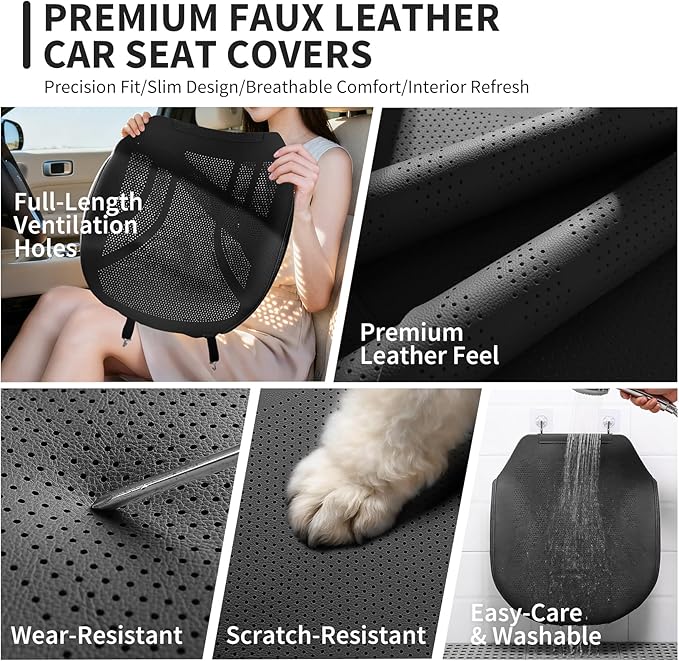 CAPITAUTO 1 Piece Front Seat Covers Perforated Faux Leather Bottom Car Seat Covers Front Seats only, Super Breathable Anti-Slip,Universal Full Wrapping Edge Fit for Most Sedans SUV Pick-up (Black)
