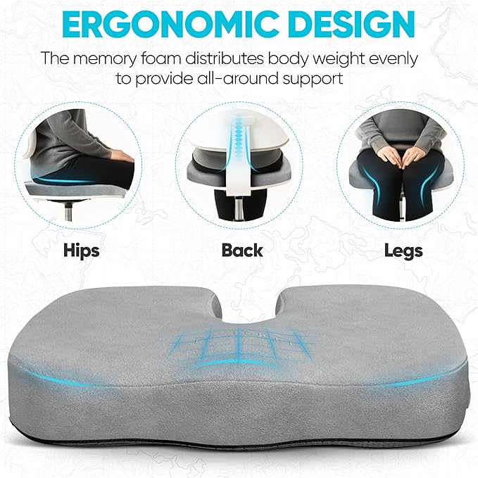 FORTEM Seat Cushion, Office Chair Cushion, Desk Chair Memory Foam, Sciatica Coccyx Tailbone Pain Relief, Pressure Relief, Sitting Pad, for Long Gaming & Sitting, Washable Cover, Non Slip, XL