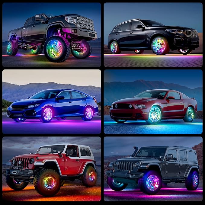 Ehaho 14''-18'' Double Row Adjustable Wheel Lights, Brighter RGB Chasing Rim Lights with App, Music Wheel Ring Light with Turn & Braking Signal Compatible with Various Trucks SUV Car（4PCS）