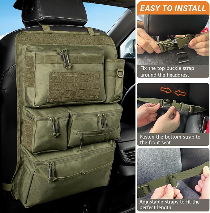 Tactical Seat Back Organizer Heavy Duty MOLLE Panel Organizer with Multiple Pockets & Hook Loop Panel for Road Trip Essentials, Universal Fit for Car SUV Truck Jeep (Army Green)