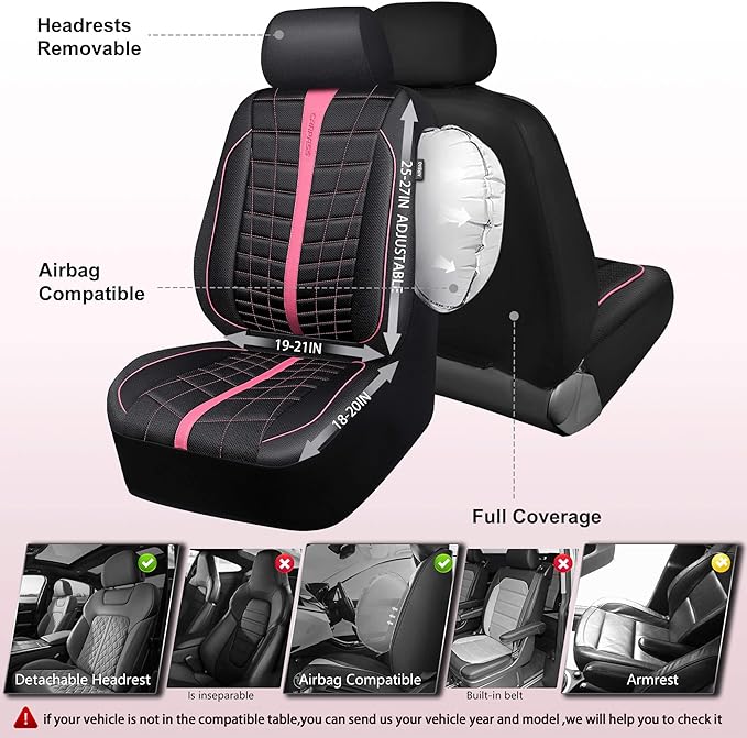 CAR PASS 3D Air Mesh Seat Covers for Car, Leather Car Seat Cover Front Seats, Breathable Foam Premium Leather Mesh Front Seat Covers Universal Fit for Cars Sedans Trucks Vans SUVs, Black Pink