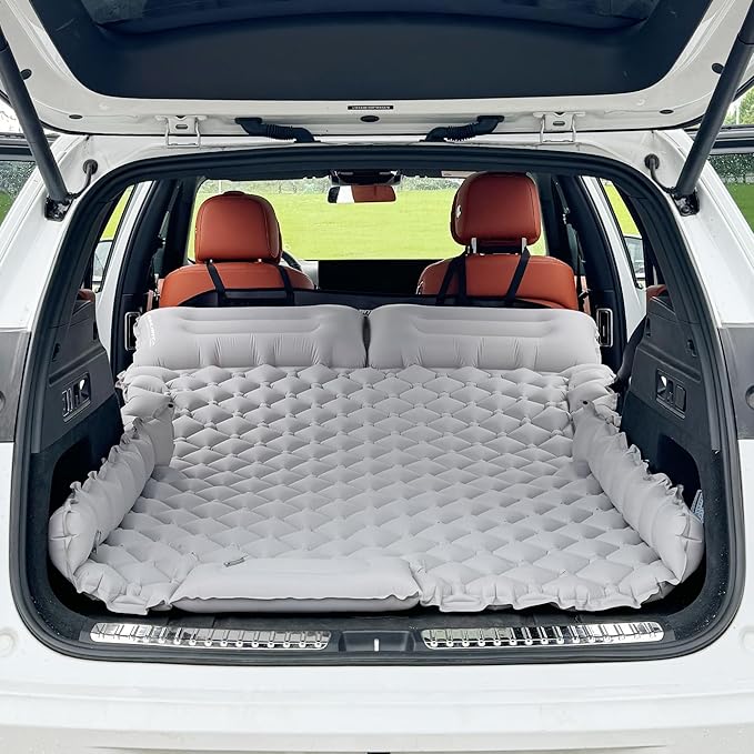Inflatable Car Air Mattress, SUV Air Mattress for Travel Camping, Ultralight Camping Bed with Pillow and Built-in Foot Pump, Portable Sleeping Pad for SUV -Grey