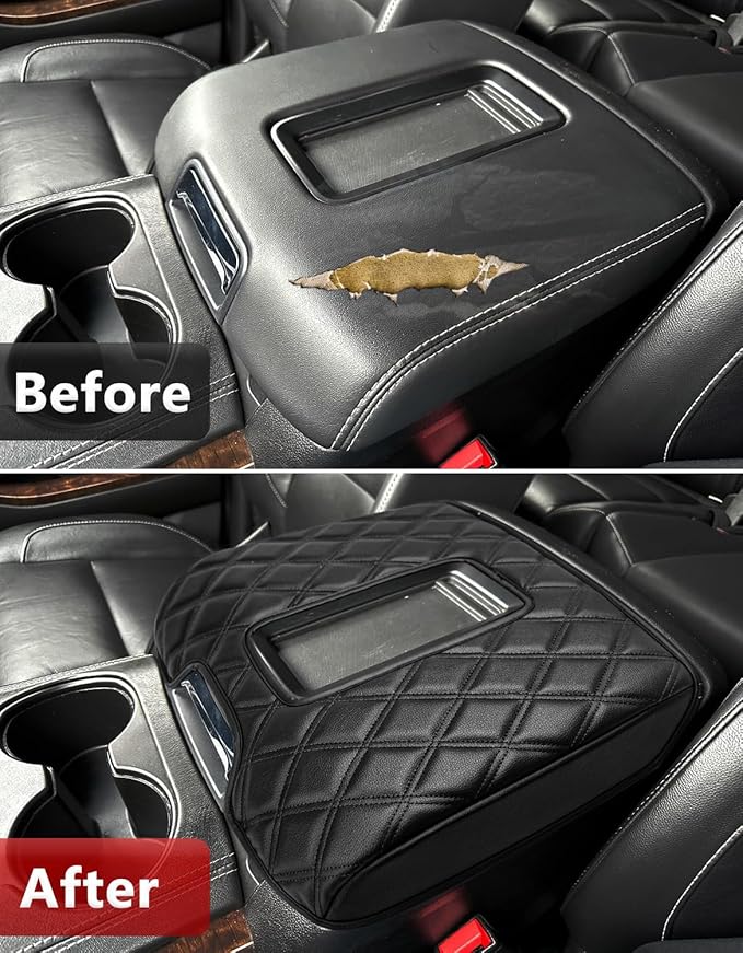 KBH Center Console Armrest Cover for Chevy Silverado & GMC Sierra 1500 2500 3500 2014-2018, Tahoe Suburban Yukon 2015-2020, Bucket Seat Console, Vinyl Leather, Black-Double Stitch
