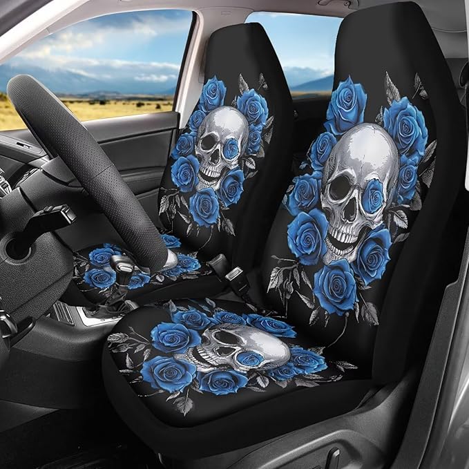 Skull Blue Rose Car Seat Covers Anti Slip Car Seat Covers Front Seats Only Easy to Install and Clean Removable Automotive Accessories Universal Fit for Most Vehicle