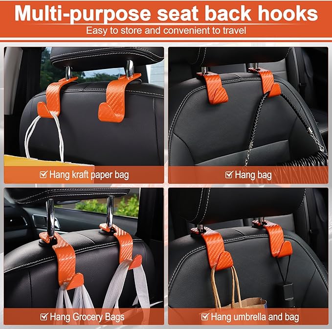 LivTee Car Purse Hook, 4 Pack Universal Auto Seat Headrest Hook Hangers Organizer for Coats, Umbrellas, Groceries - Carbon Fiber Orange