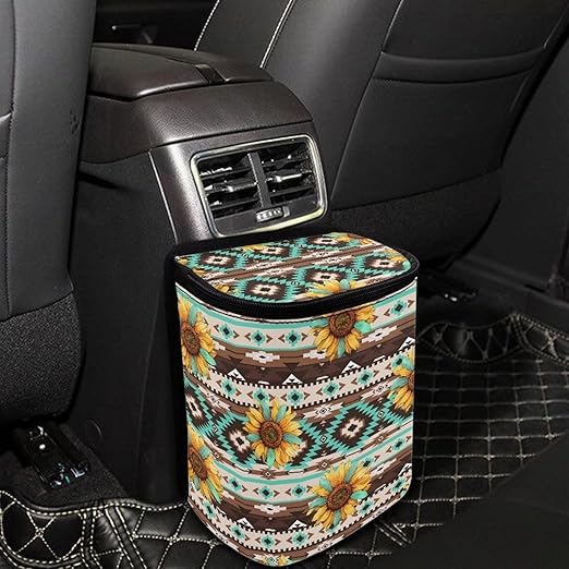 Aztec Sunflower Car Trash Can Auto Garbage Bag Car Trash Can with Lid Leak-Proof Car Storage Bag Garbage Bag Hanging for Headrest Portable Car Backseat Organizer