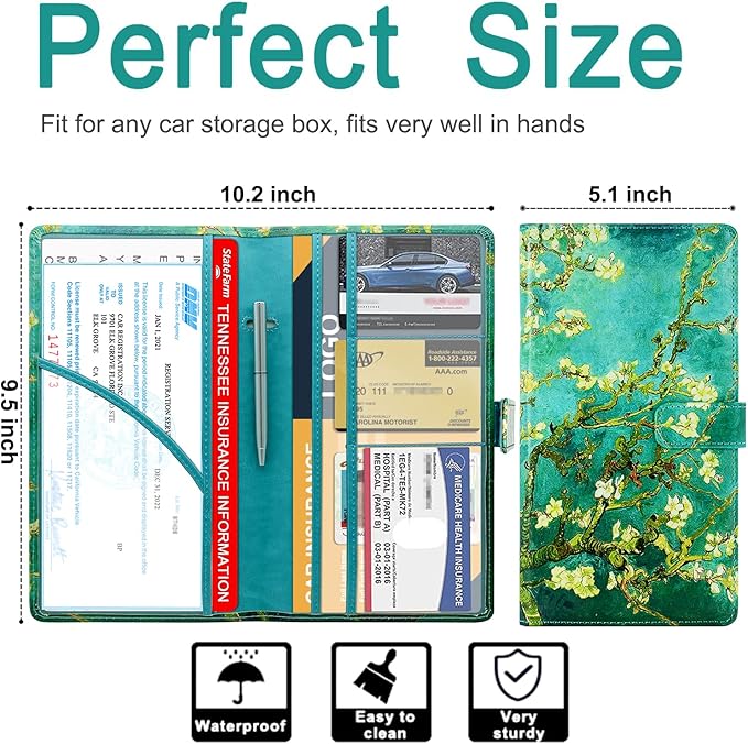 RSAquar Car Registration and Insurance Holder, Vehicle Glove Box Organizer Cool Car Accessories, Car Document Holder for Cards and Driver License, Almond Blossom