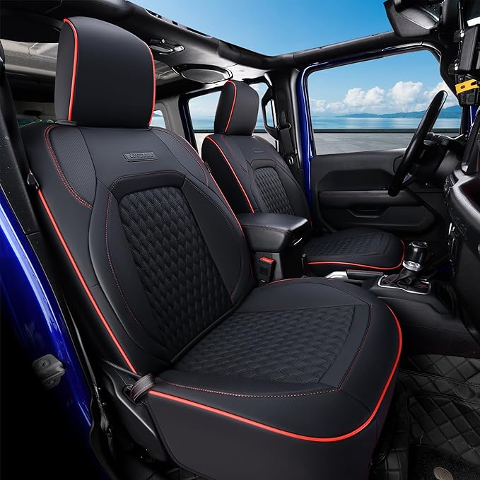 Coverado Seat Covers Full Set for Jeep Wrangler, Waterproof Car Seat Covers for Automotive Truck Seat Covers Custom Fit for 2008-2012 Jeep Wrangler JK Seat Covers for Cars 4 Door(Red Line)