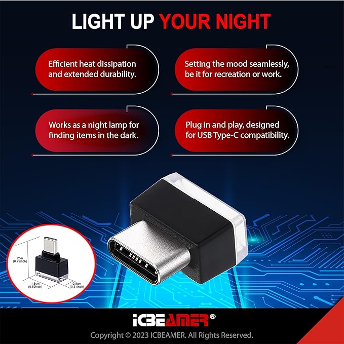 ICBEAMER Type C Adapters Atmosphere Light 1-Pack (White) | Universal Plug-in Miniature LED Night Light for Car Interior and Trunk Ambient Lighting, Easy Installation, Energy Efficient