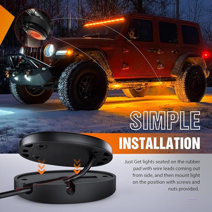 Nilight LED Rock Light 4PCS Amber Underglow Wheel Well Fender Pods Waterproof Exterior Underbody Roof Rack Side Lamps for 12V 24V Car Truck Pickups ATV UTV SUV Motorcycle Boat