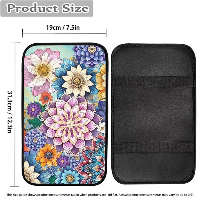 Universal Car Center Console Cushion Pad, Boho Flowers Car Center Console Cover Auto Armrest Seat Box Cover Protector for Most Vehicle SUV Truck Car