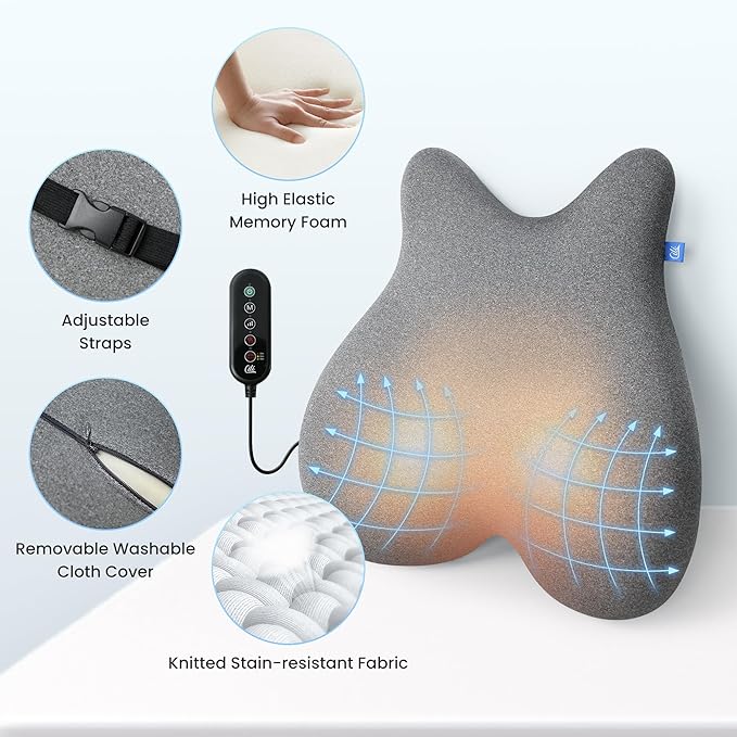 CILI Heated Lumbar Support Pillow for Office Chair, Ergonomic Back Support Cushion with Vibration, Memory Foam Chair Back Massager, Gifts for Mom/Dad