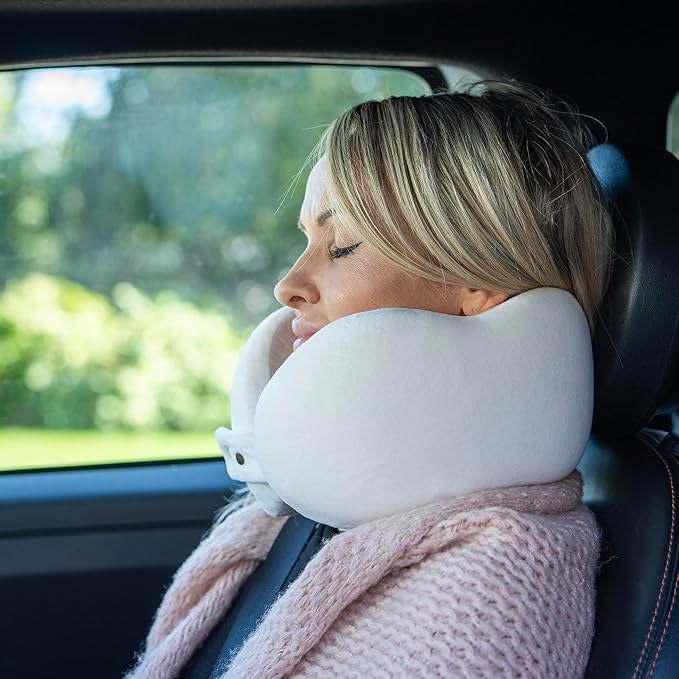 Women's Small Fitted Neck Pillow for Traveling, Memory Foam Travel Pillow, Travel Neck Pillows for Airplanes, Travel Essentials for Flying, Plane Pillow in Taupe and White