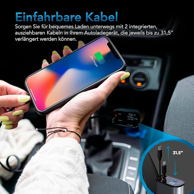 AutoSky 4-in-1 Retractable Fast Charger, for Cars: 100W Car USB-C & iPhone Cable, USB-C/A Ports - Compatible with iPhone, Galaxy, Pixel and More.