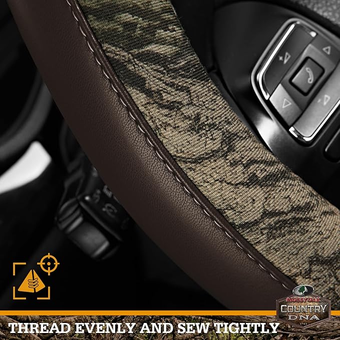 Mossy Oak Camo Steering Wheel Cover, Durable Grip Car Steering Cover, Universal Fit 14.5"–15.5" - Made with Premium Brown PVC Leather and Cotton Fabric, Anti-Slip - Official Licensed Product