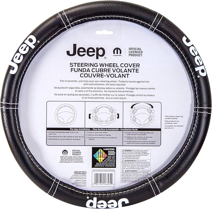 Plasticolor 006695R01 Jeep Deluxe High Contrast Stitching Premium Steering Wheel Cover for Cars, Trucks & SUV, Black