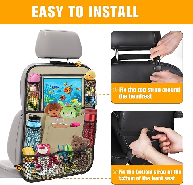 ULEEKA Car Backseat Organizer with 11" Table Holder, 10 Storage Pockets Seat Back Protectors Kick Mats for Kids Toddlers, Travel Accessories, 2 Pack, Beige
