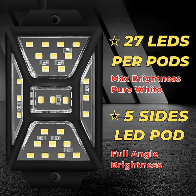 12 Pods Pure White Rock Lights with 2 Pack Connectors Extension Wires,Waterproof Rock Lights Compatible with Trucks Jeep UTV SUV ATV Boat Golf Cart, Mess Free Two-Path Wiring Underglow Kits(Patented)