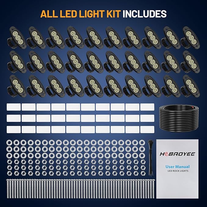 30Pods Pure White Rock Lights 36 LEDs SMD Chips 6500K Super Bright Underglow Light IP68 Waterproof for Trucks Pickup SUV Car with 32.8ft Wire