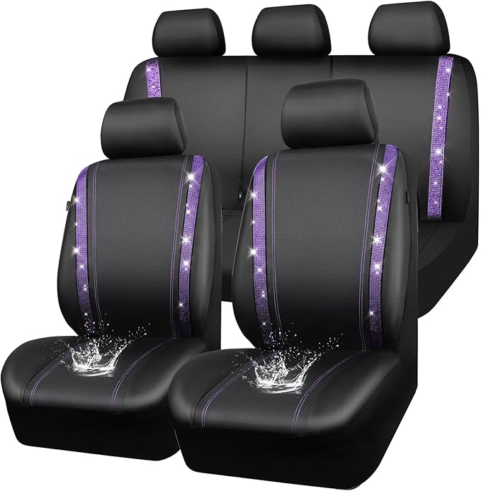 CAR PASS Bling Diamond Car Seat Covers Full Set,Shining Rhinestone Waterproof Faux Leather,Rear with Zipper,Universal Fit Automotive Glitter Crystal Sparkle Strips for Women,Violet Purple Rhinestone