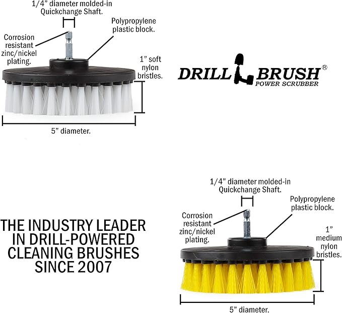 Drill Brush - 5-inch Spin Brush Cleaning Kit - Calcium, Mineral Deposits, Soap Scum, Rust - Hard Water Stain Remover - Grout Cleaner - Shower Curtain - Bath Mat - Bathroom Accessories - Shower Door