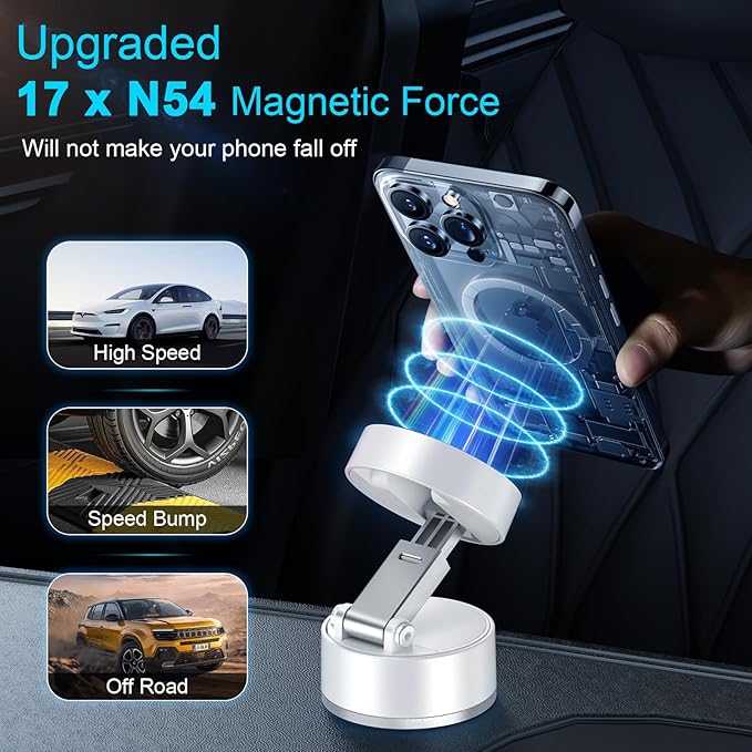 OOCC Vacuum Magnetic Phone Holders for Your Car, 360°Rotating Adjustable Magsafe Car Phone Mount, Foldable Magnetic Car Phone Holder for All Smartphones & All Car Models, White