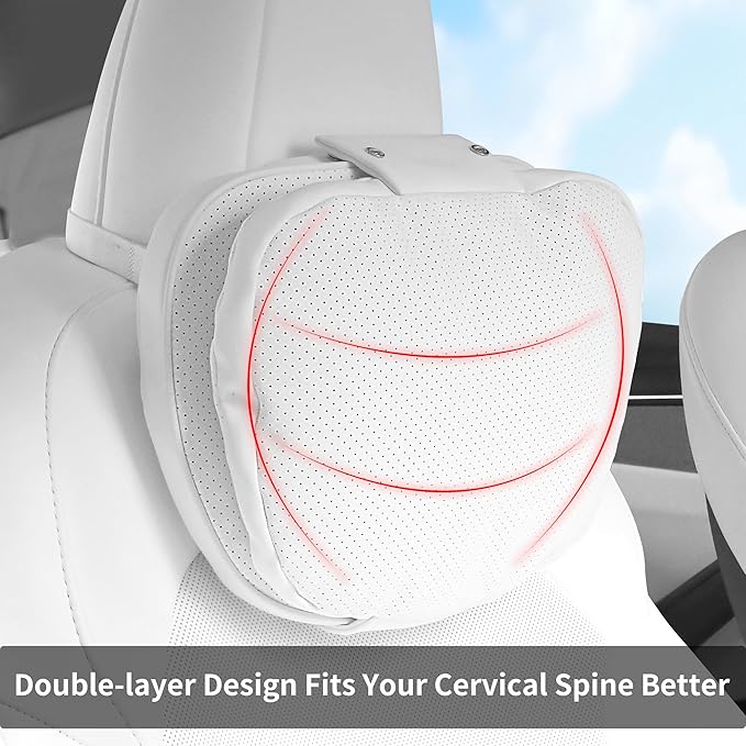 Car Headrest Pillow for Driving, Dual-Sided Leather Design Neck Pillow, Breathable Softness Neck Support, Universal Fit Head Rest Travel Pillow, White, 1 Pack