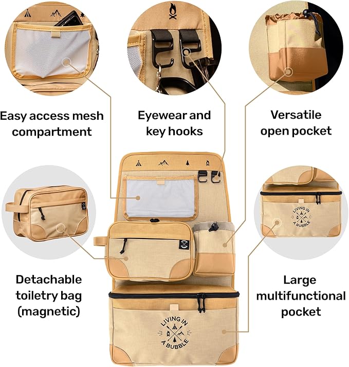 Living in a Bubble Seat back Organizer – Magnetic Toiletry and Cooler Pouch, Cordura Car Backseat Storage with Device Holder & Hooks, Multi-Compartment Utility Bag for Campervans & Family Travel