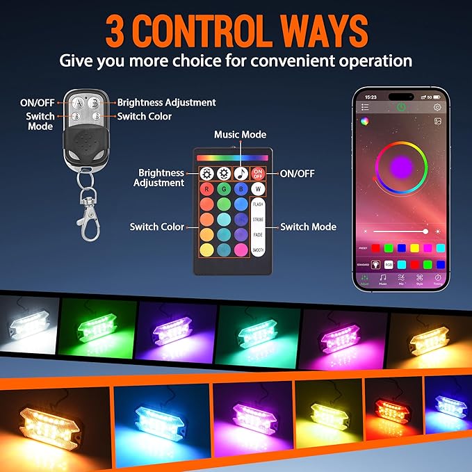 RGB Rock Lights, 8 pods Underglow Neon Lights Kits，APP/RF Remote Control & Music Mode, Waterproof Wireless Multicolor Lamps for Off Road Truck SUV ATV UTV Boat