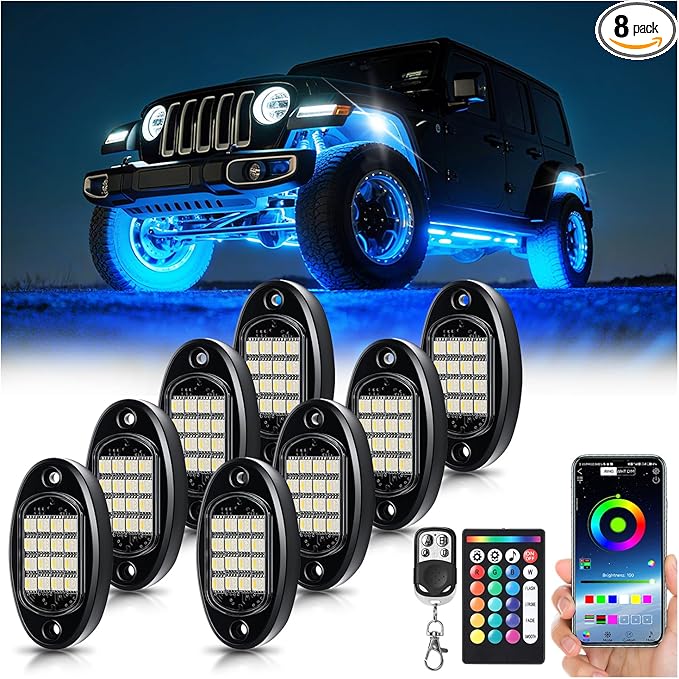 8 Pods RGBW LED Rock Lights Full Kit, 6500K Pure White (Not Mixed) & RGB Underglow for Jeeps Truck Golf Cart ATV UTV RZR Pickup, App/RF Remote Smart Brake Music Sync, Waterproof Offroad Underbody 12V